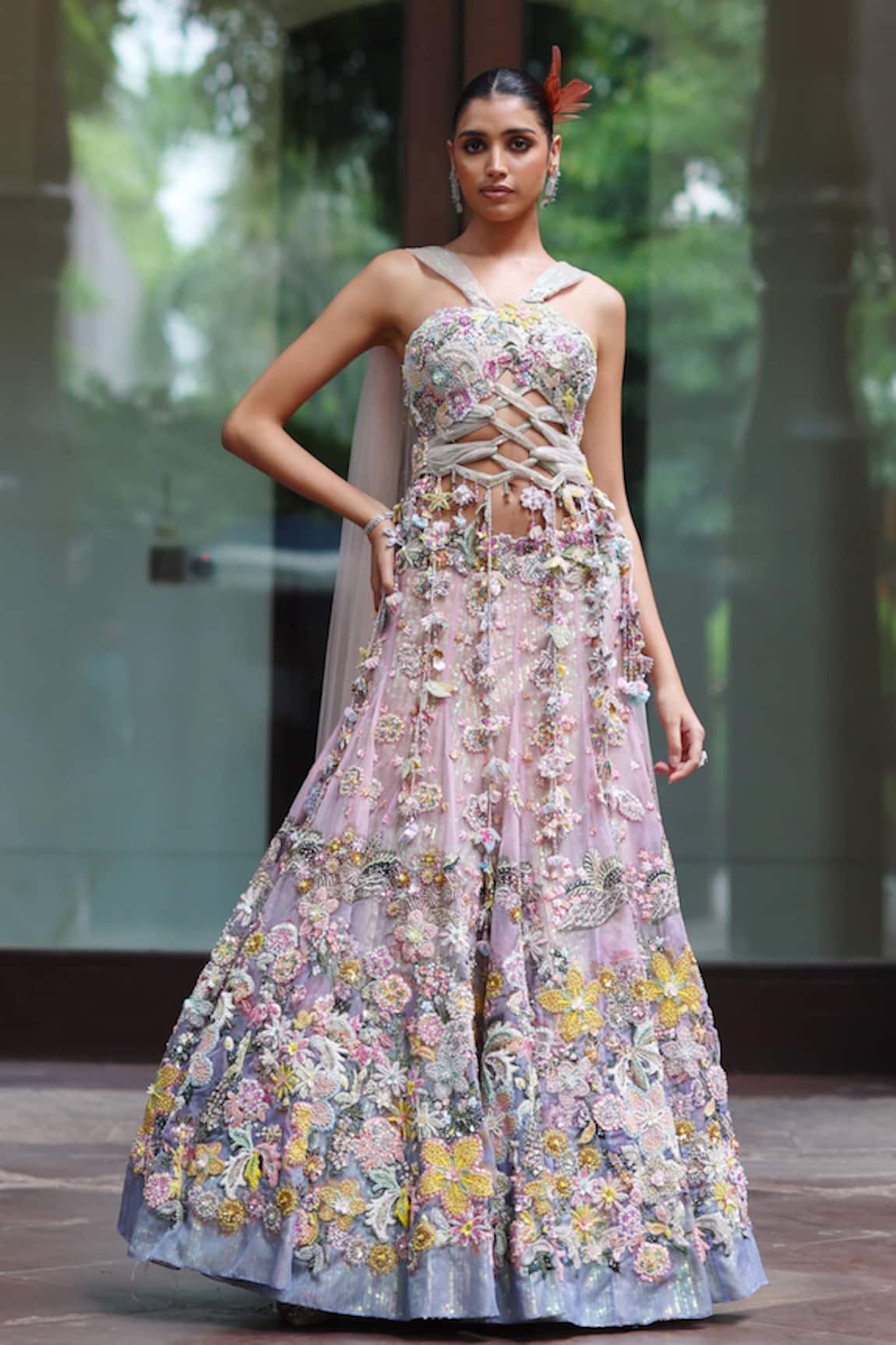Moledro Sora Floral Embroidered Blouse With Lehenga