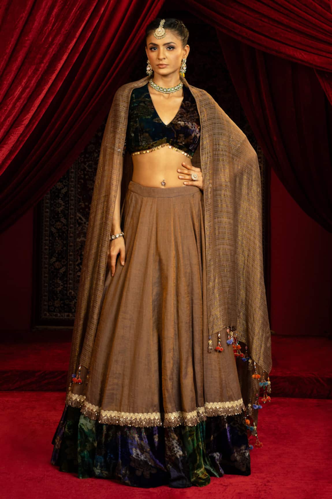 Sonia Baderia Hand Embroidered Velvet Blouse Lehenga Set