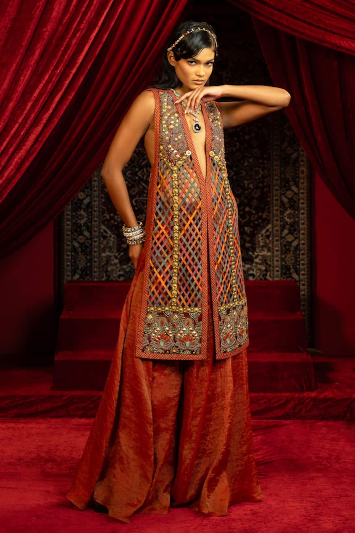 Sonia Baderia Hand Embroidered Long Jacket & Sharara Set