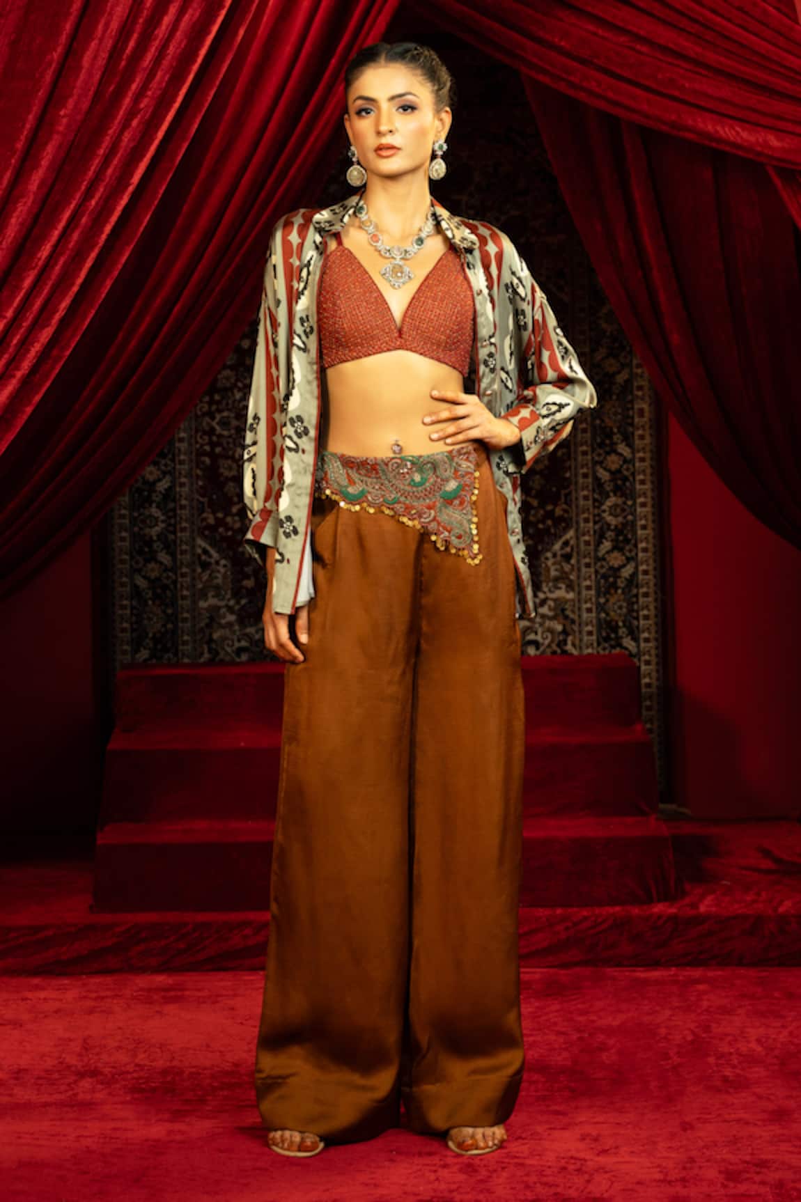 Sonia Baderia Printed Satin Shirt & Mocha Mousse Pant Set