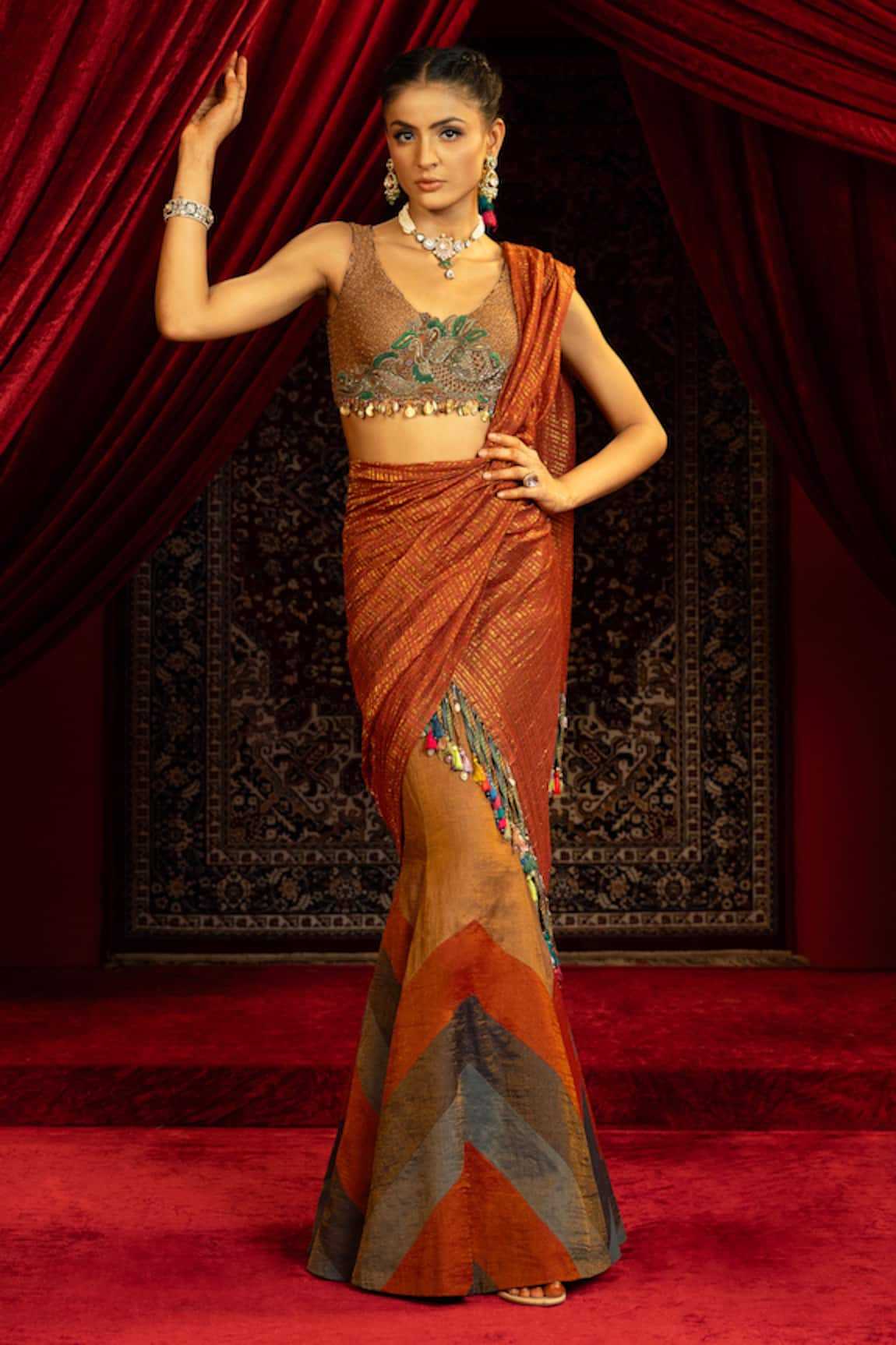 Sonia Baderia Color Block Pattern Fish Cut Lehenga Set