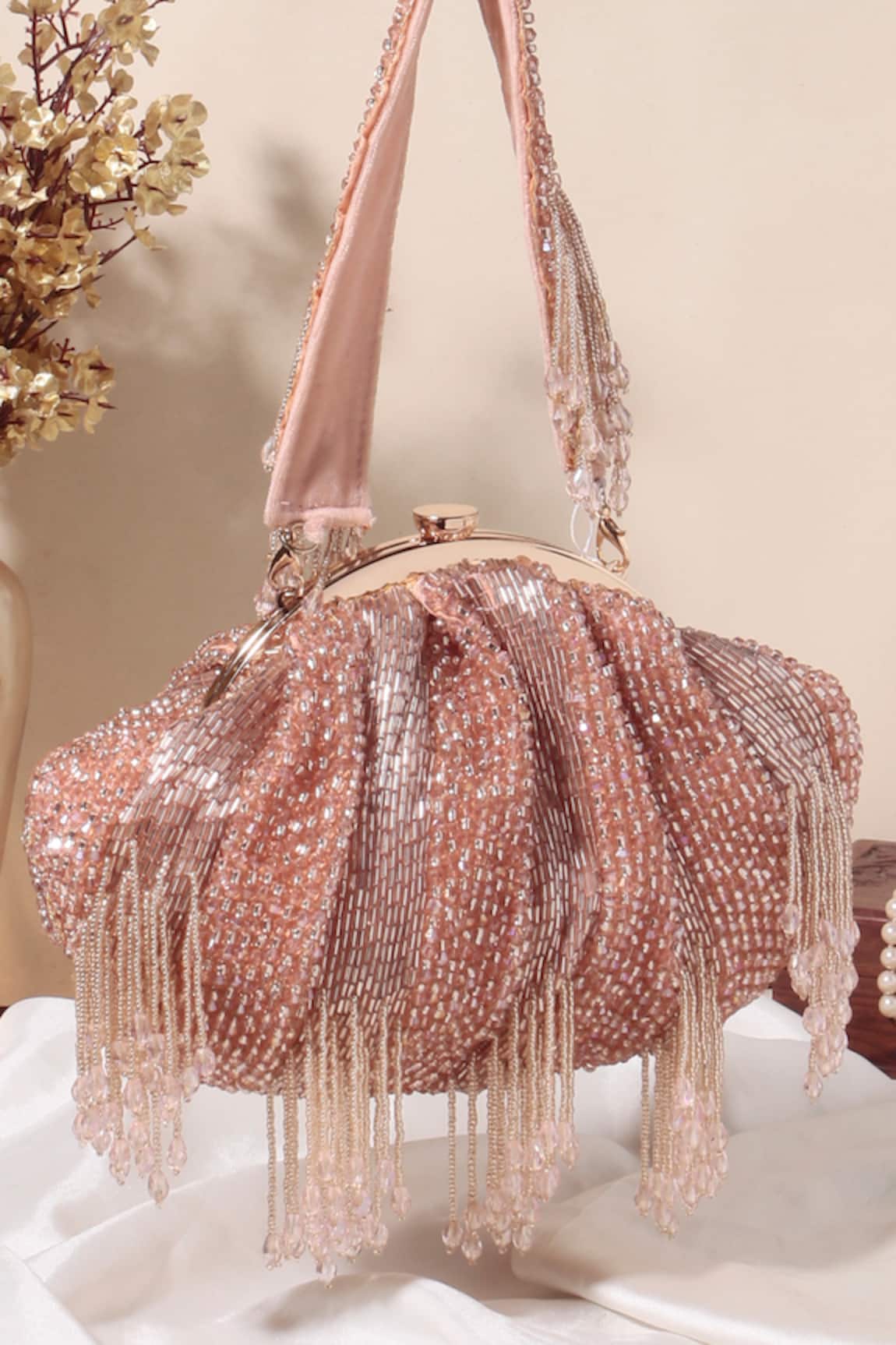 Nazaakat By Samara Singh Beaded Fringe Batua Bag with Detachable Handle 