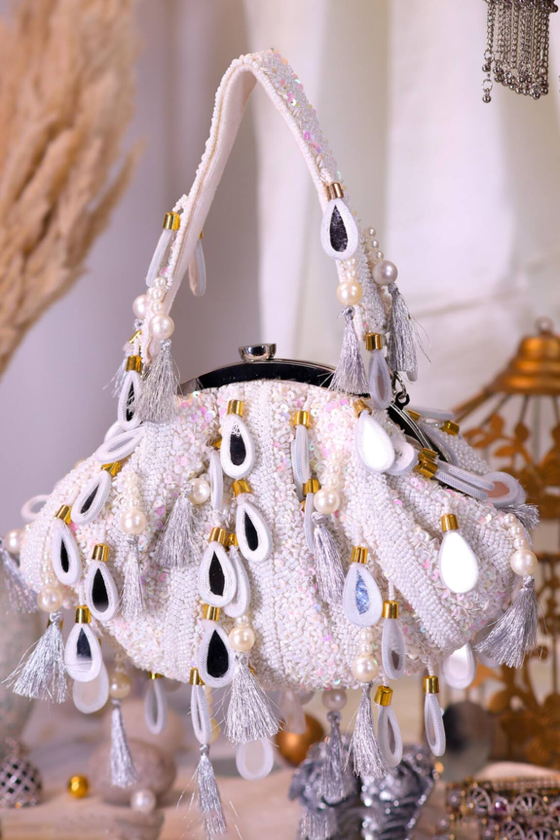Nazaakat By Samara Singh Sequin, Pearl & Tassel Embellished Batua Bag 
