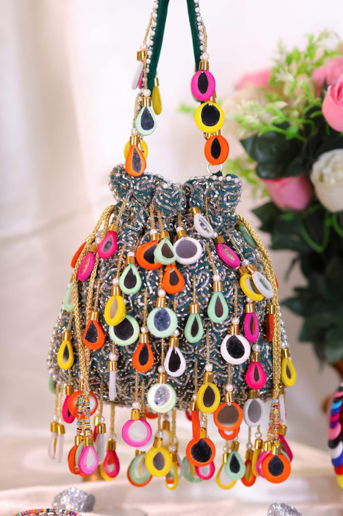 Nazaakat By Samara Singh Embellished Potli Bag with Mirror & Bead Drops 