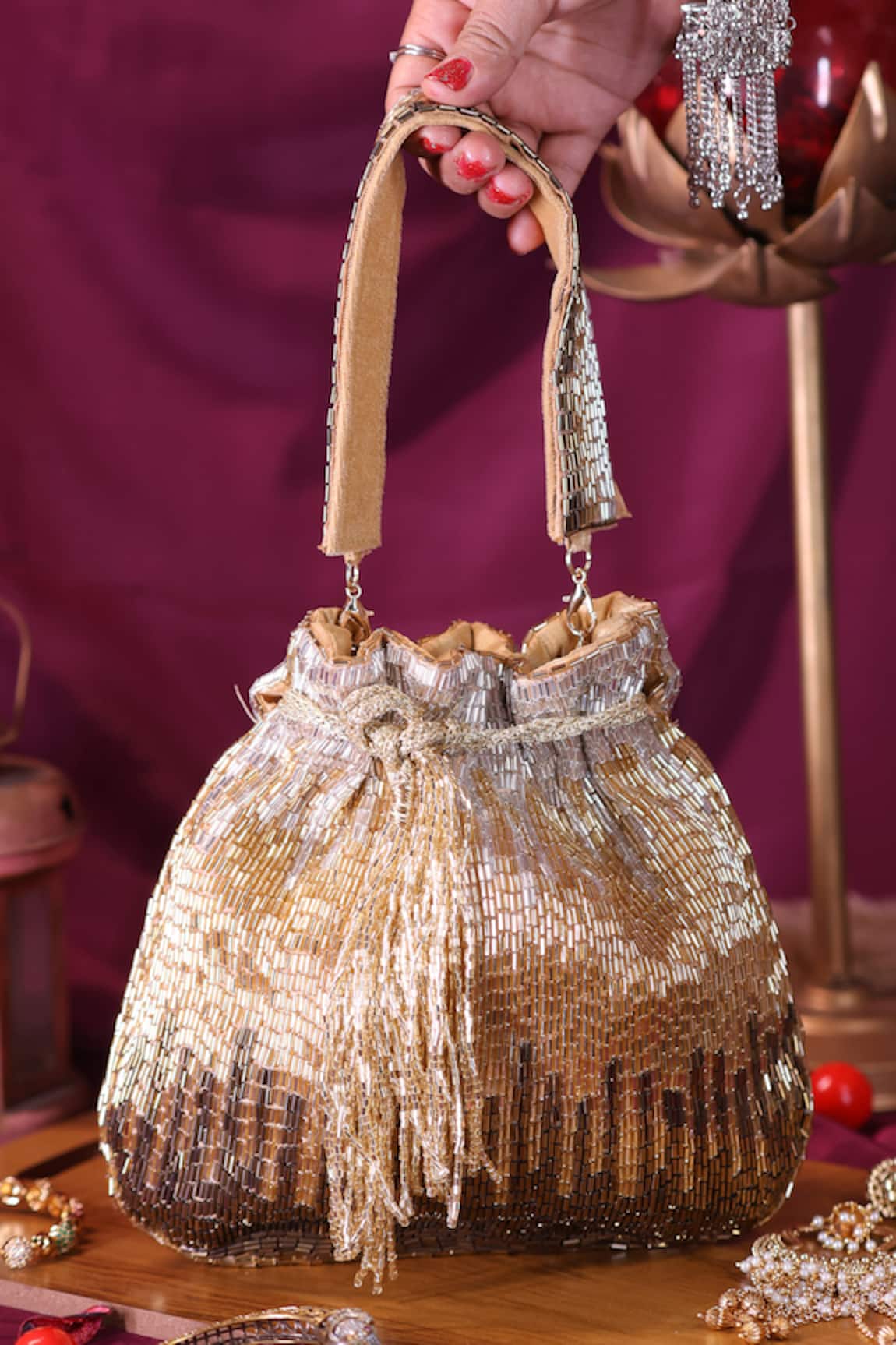 Nazaakat By Samara Singh Beaded Ombre Potli Bag with Tassel 