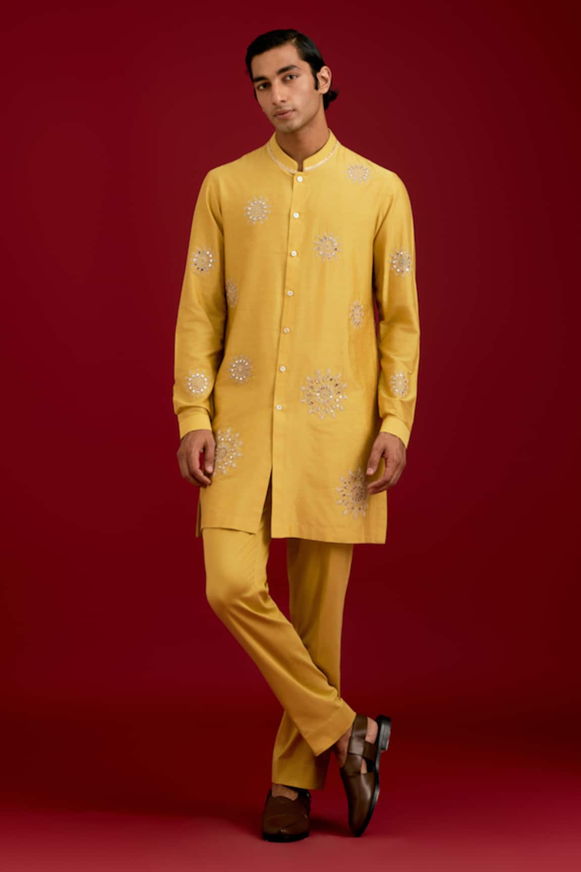 Devnaagri Mirror & Dori Embroidered Front-Open Kurta Set