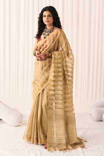 Five Point Five Hema Tussar Woven Striped Saree With Running Blouse