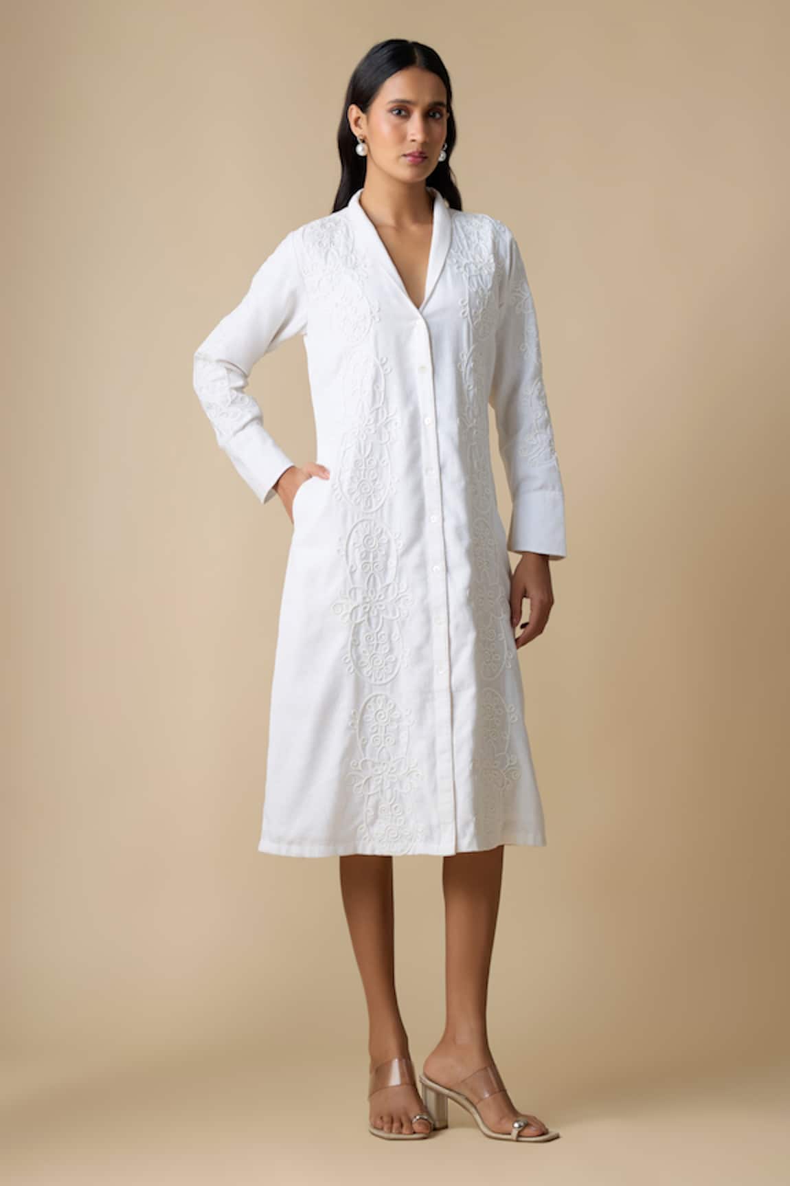 Linera Linen Blend Cording Embroidered Dress