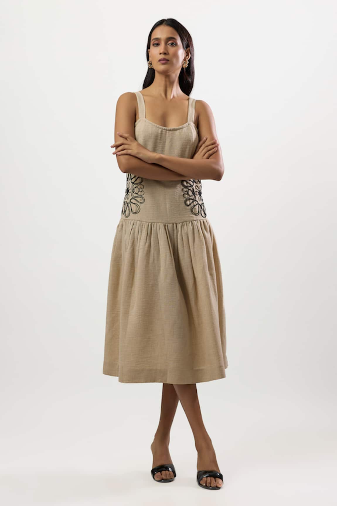 Linera Embroidered Turkish Linen Drop Waist Dress