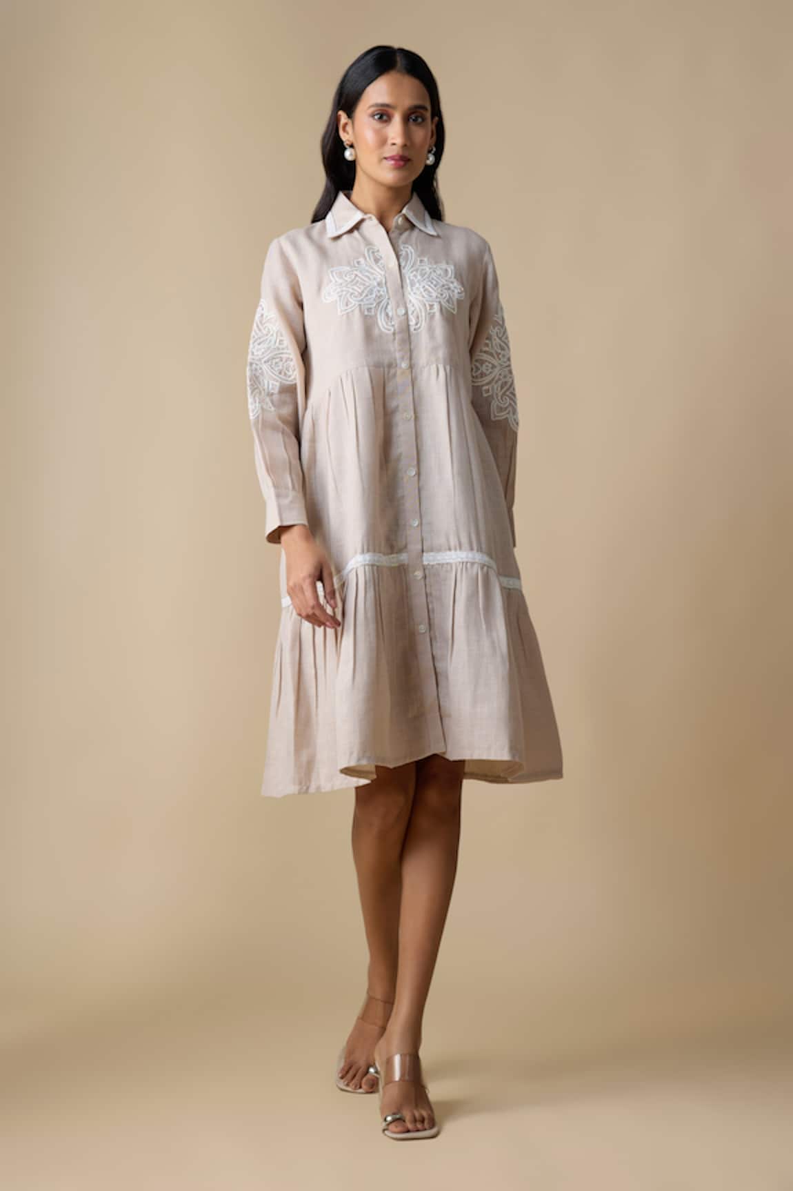 Linera Embroidered Linen Blend Shirt Dress