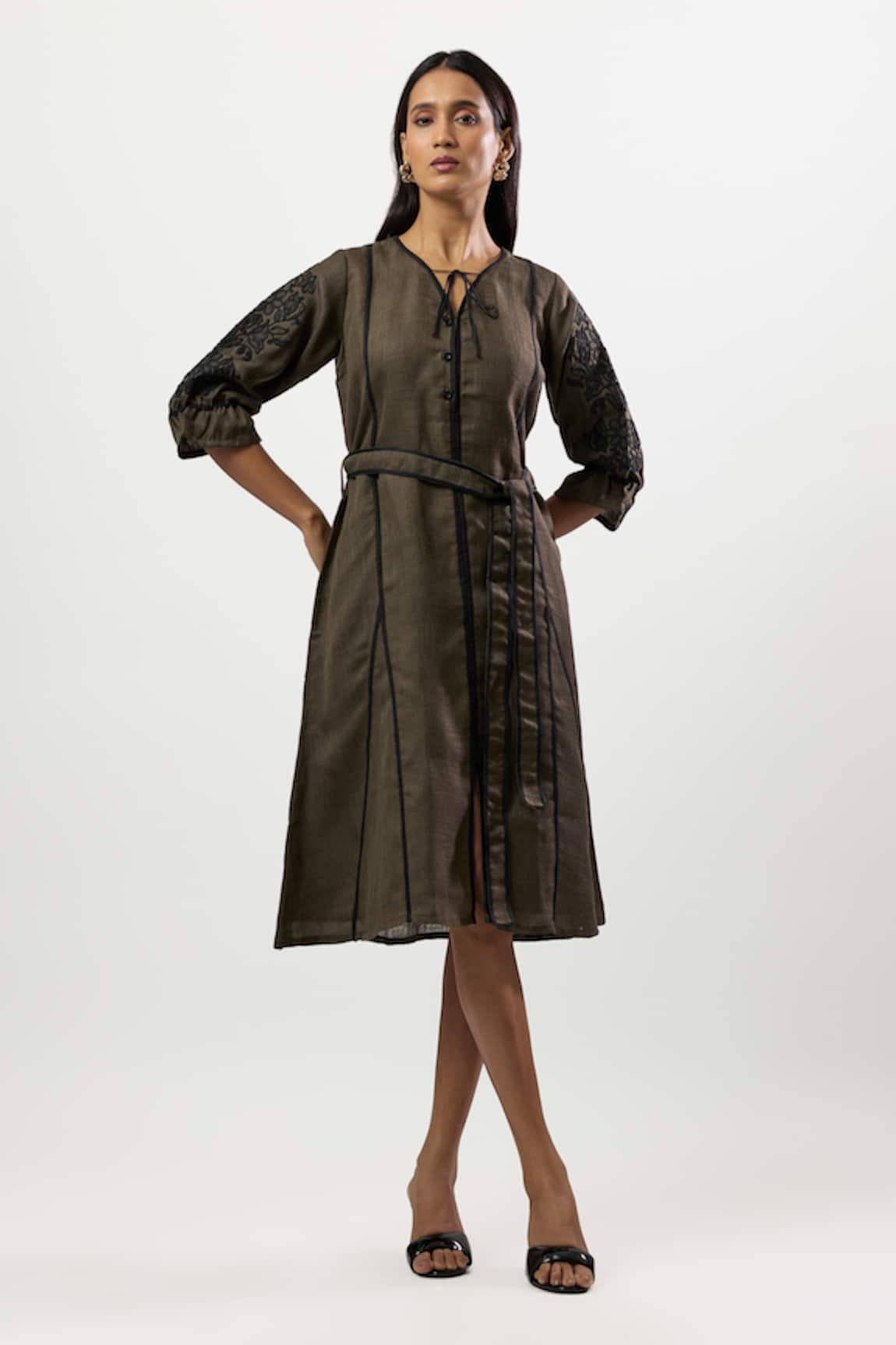 Linera Embroidered Sleeve Belted Midi Dress