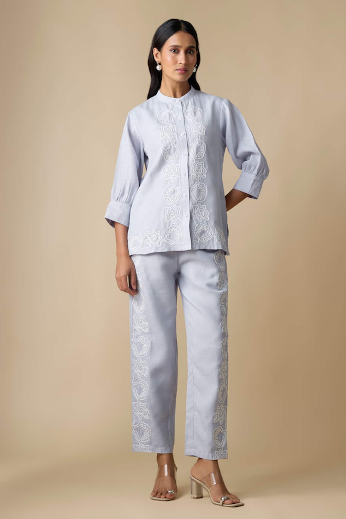 Linera Embroidered Band Collar Shirt & Trouser Set