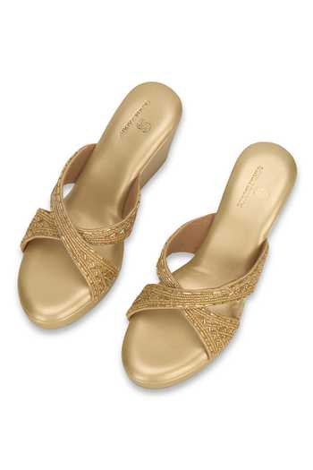 Schon Zapato Embroidered Gold Wedges