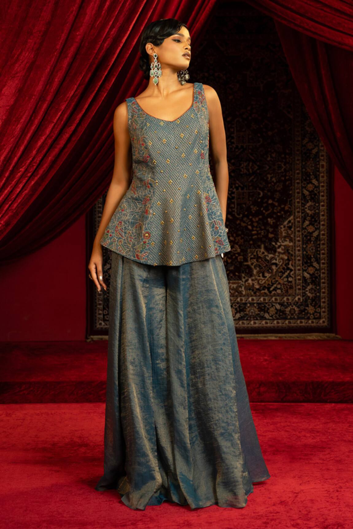 Sonia Baderia Hand Embroidered Peplum Kurta & Sharara Set