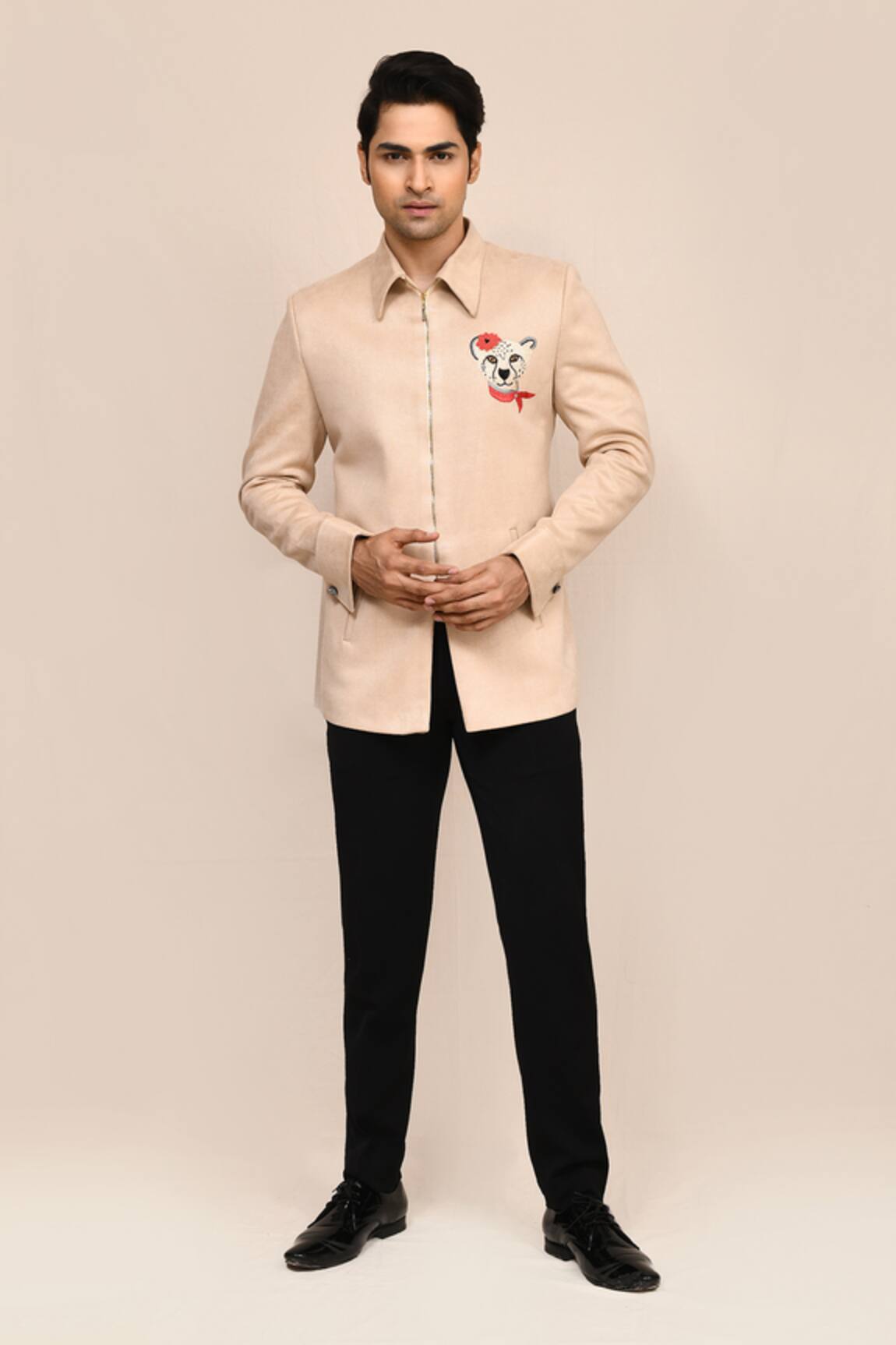 Aryavir Malhotra Beige Hand Work Jacket with Black Pant 