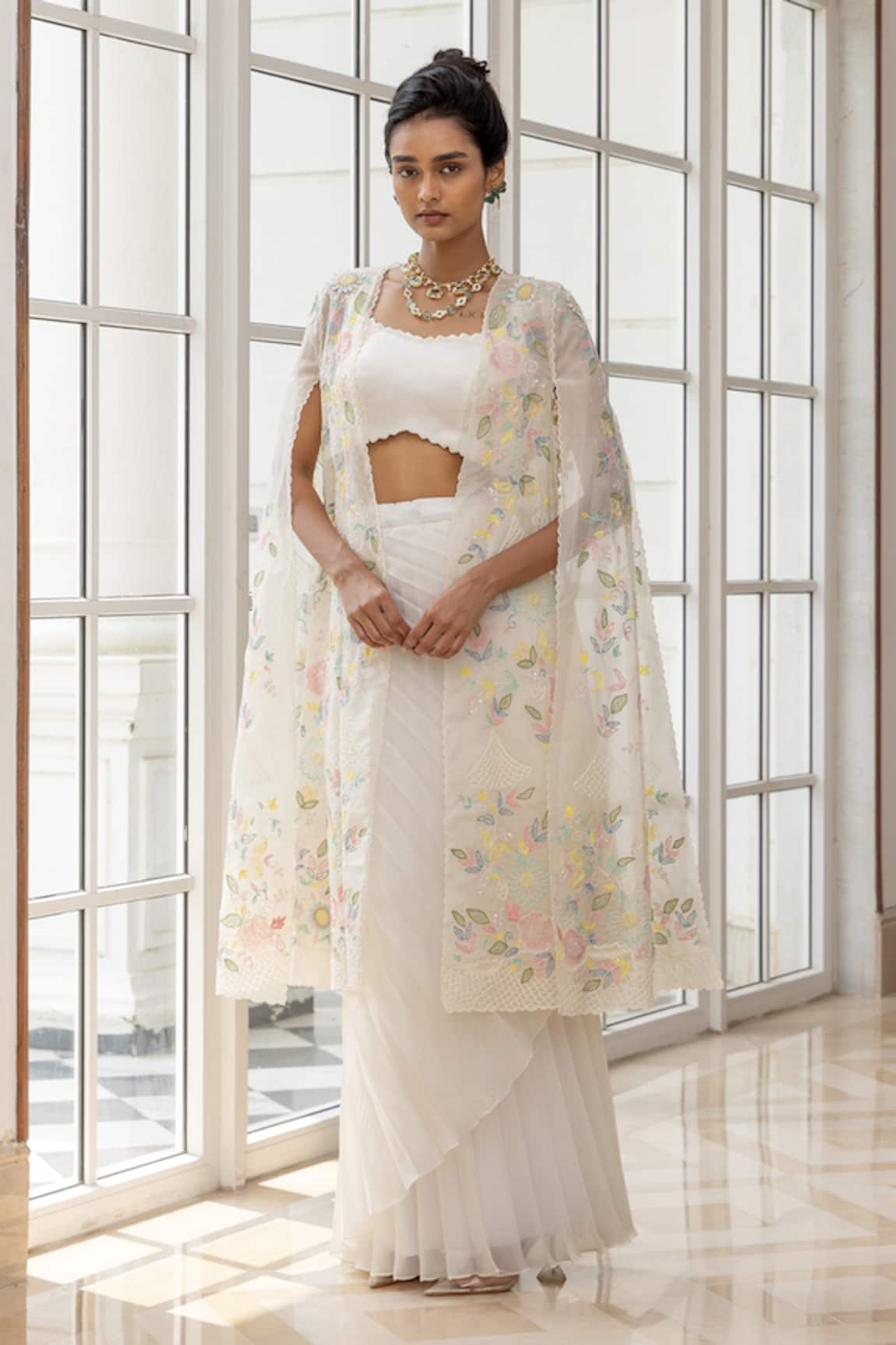 House Of Armuse Floral Embroidered Organza Cape Skirt Set 