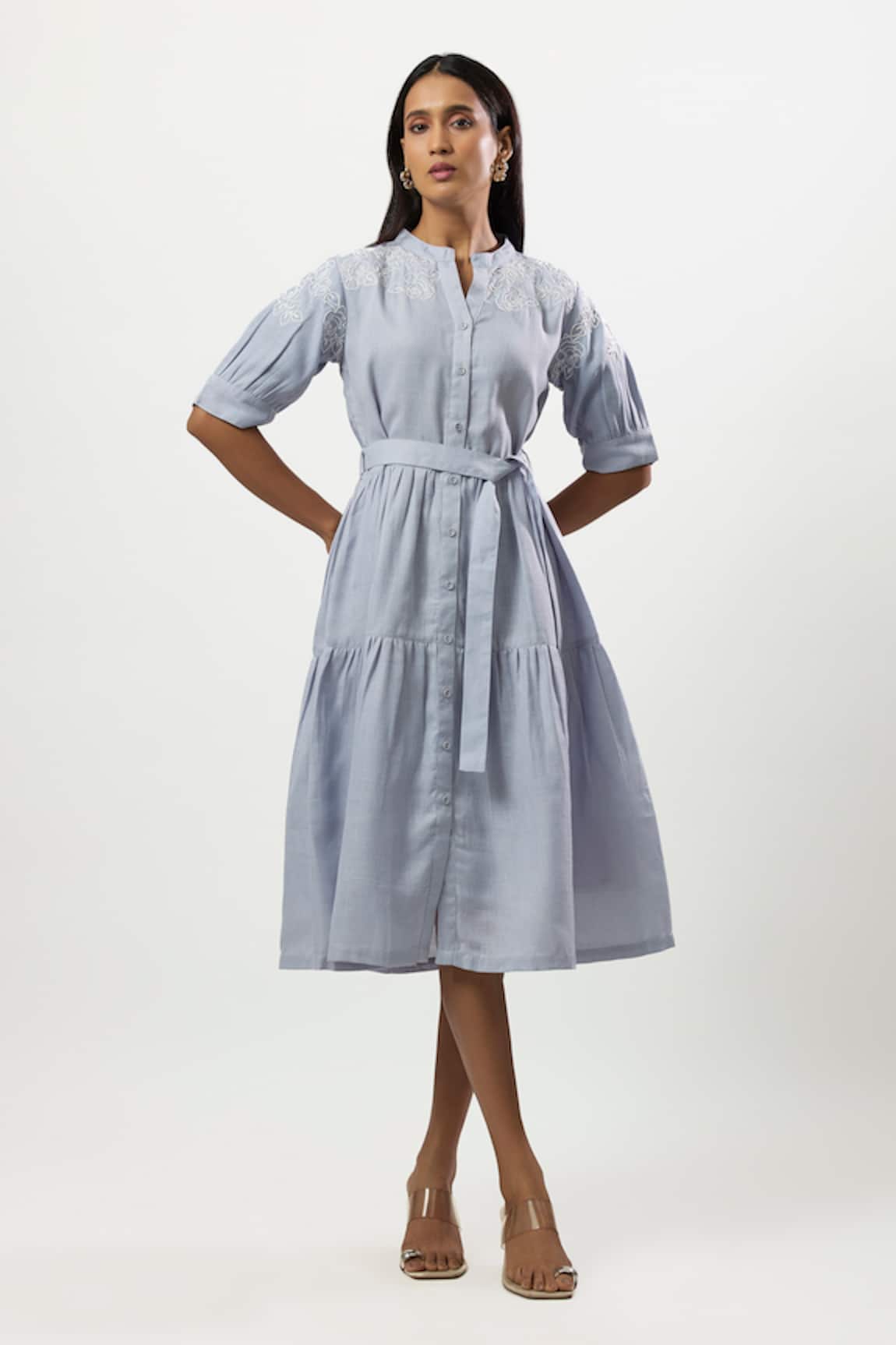 Linera Cord Embroidered Tiered Dress