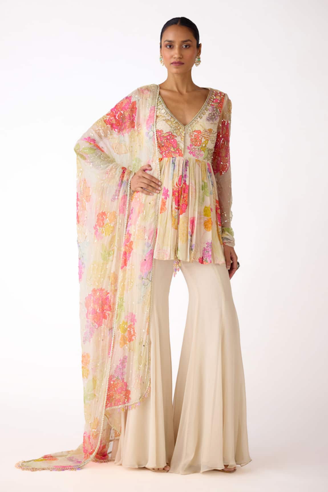 Basanti - Kapde Aur Koffee Printed & Embroidered Peplum Kurta Sharara Set