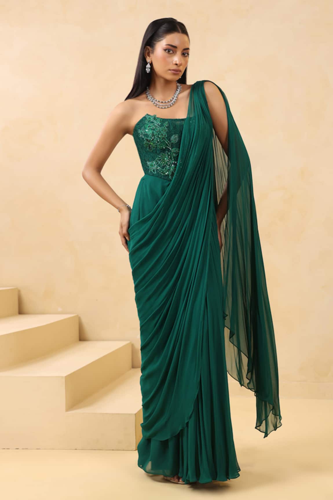 K-Anshika Pre-Draped Saree With Embroidered Corset 