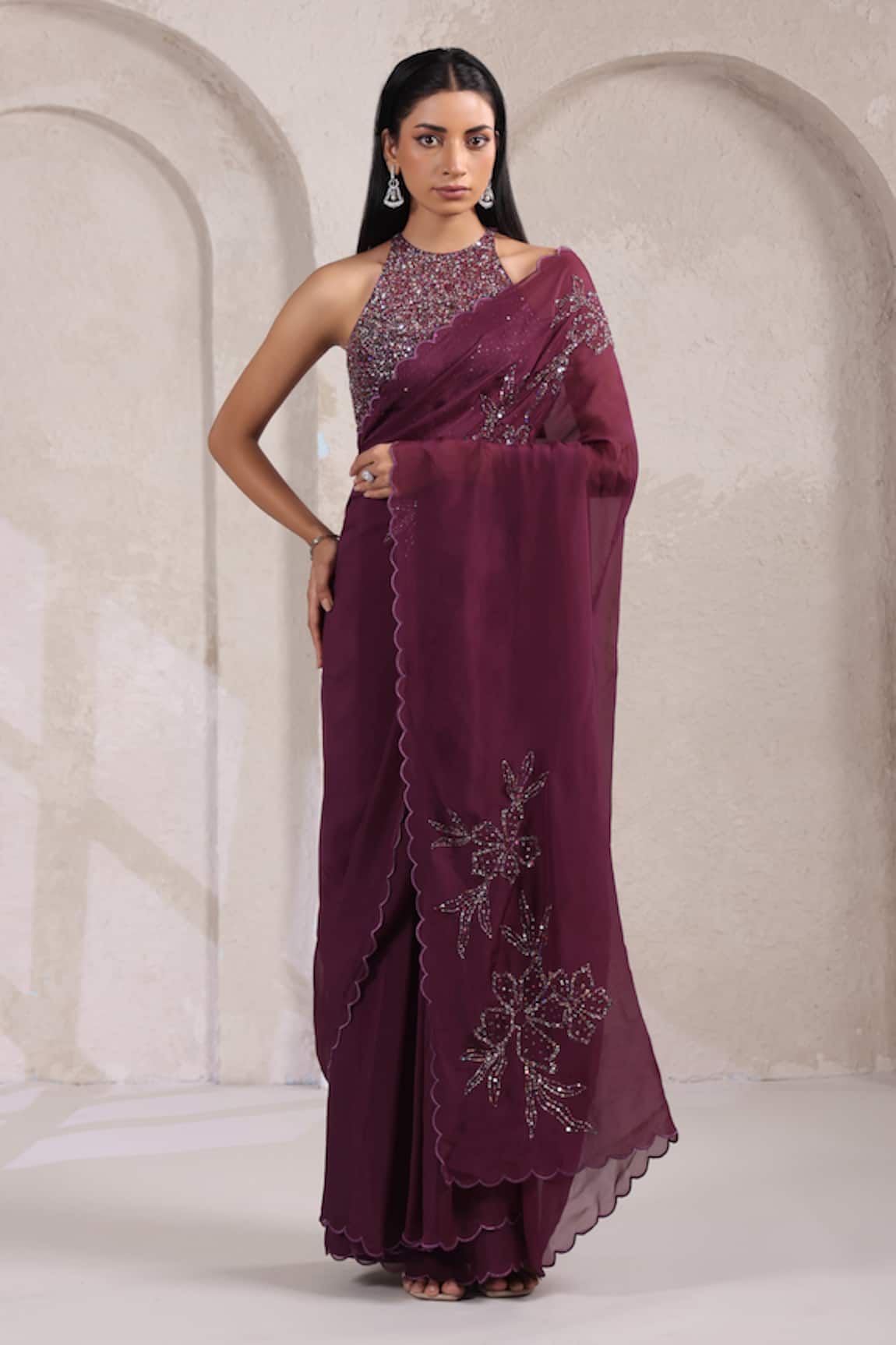 K-Anshika Graceful Wine Saree With Embroidered Blouse 