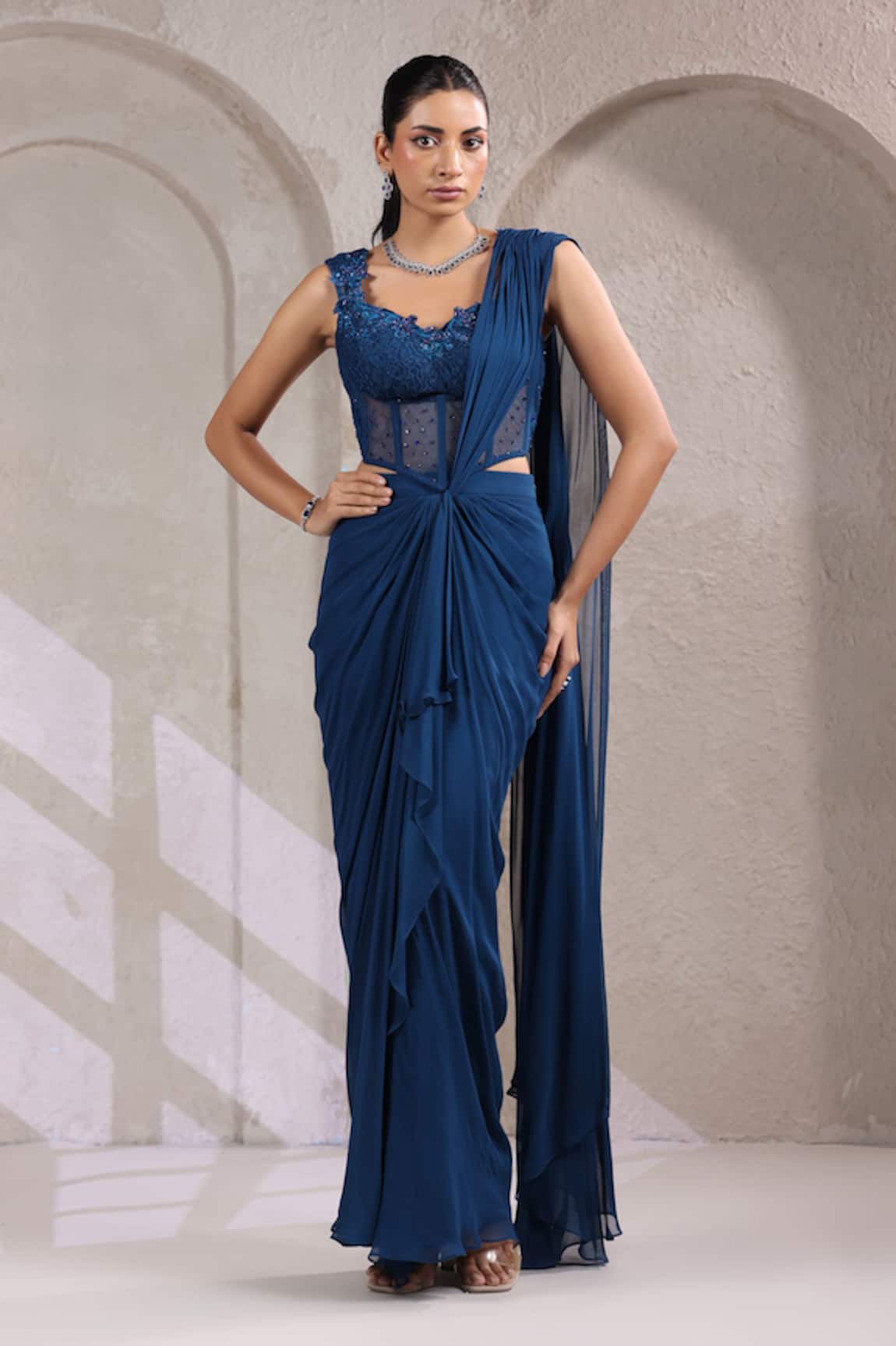 K-Anshika Pre-Draped Saree With Embroidered Corset 