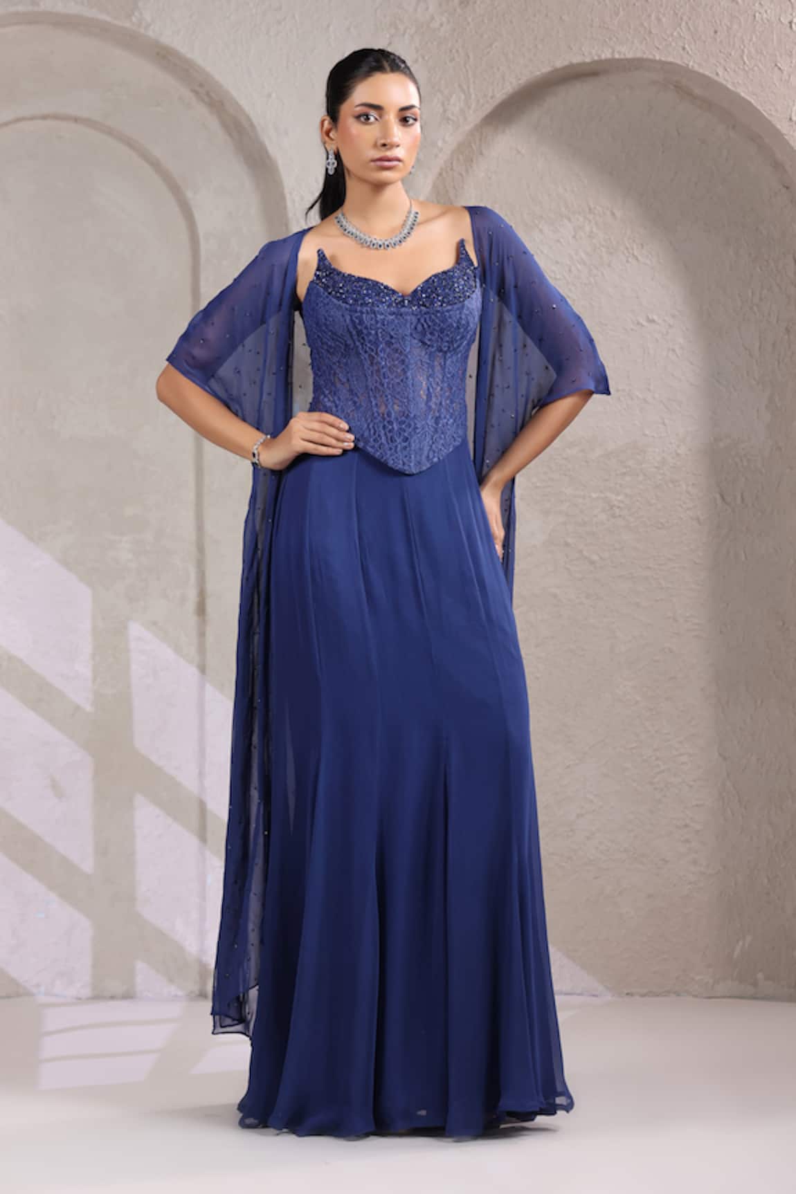 K-Anshika Embroidered Cape Fishcut Skirt Set 