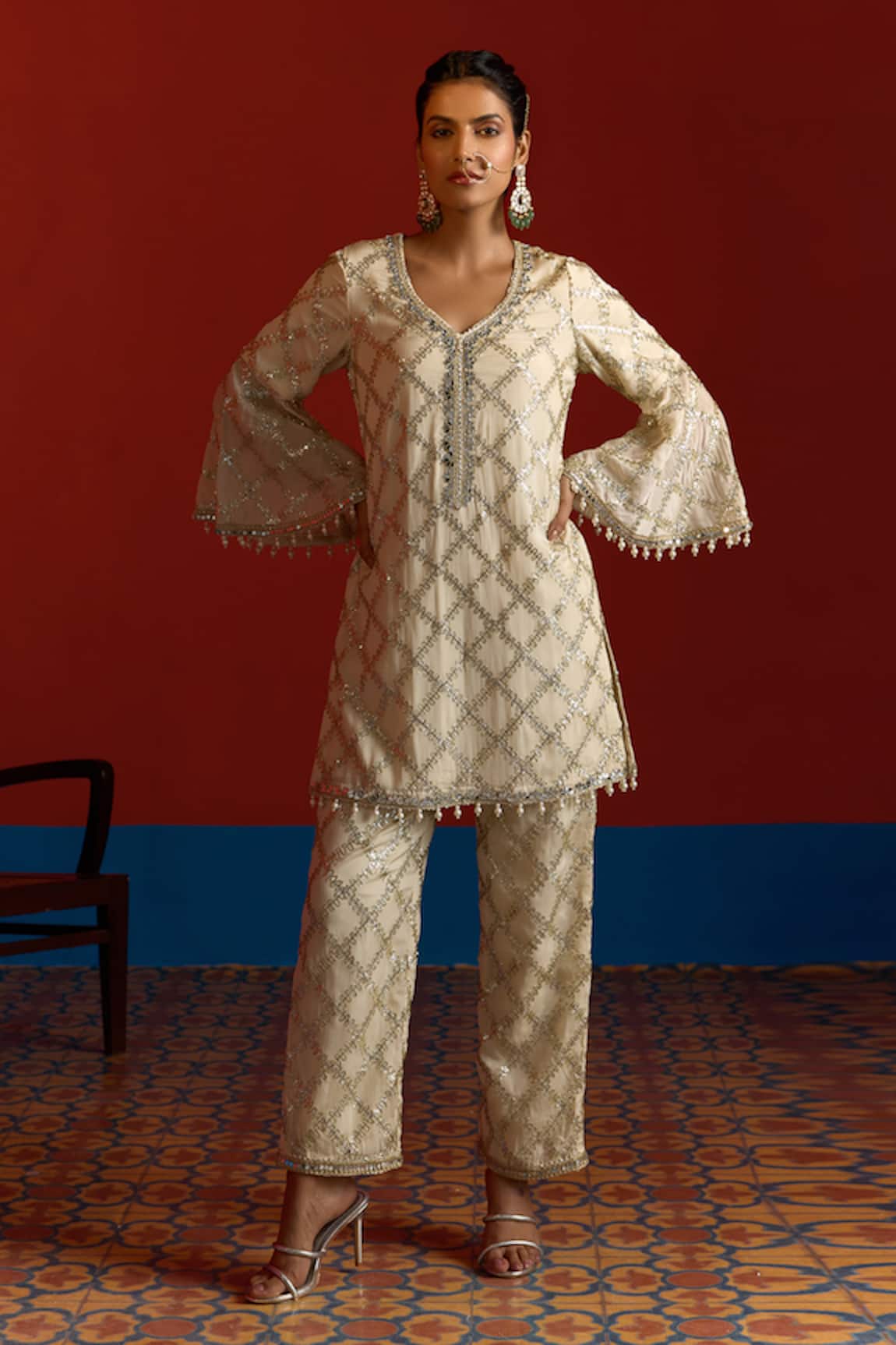 Mustard Moon By Neyha And Vrinda Gota Embroidered Bell Sleeve Kurta & Pant Set