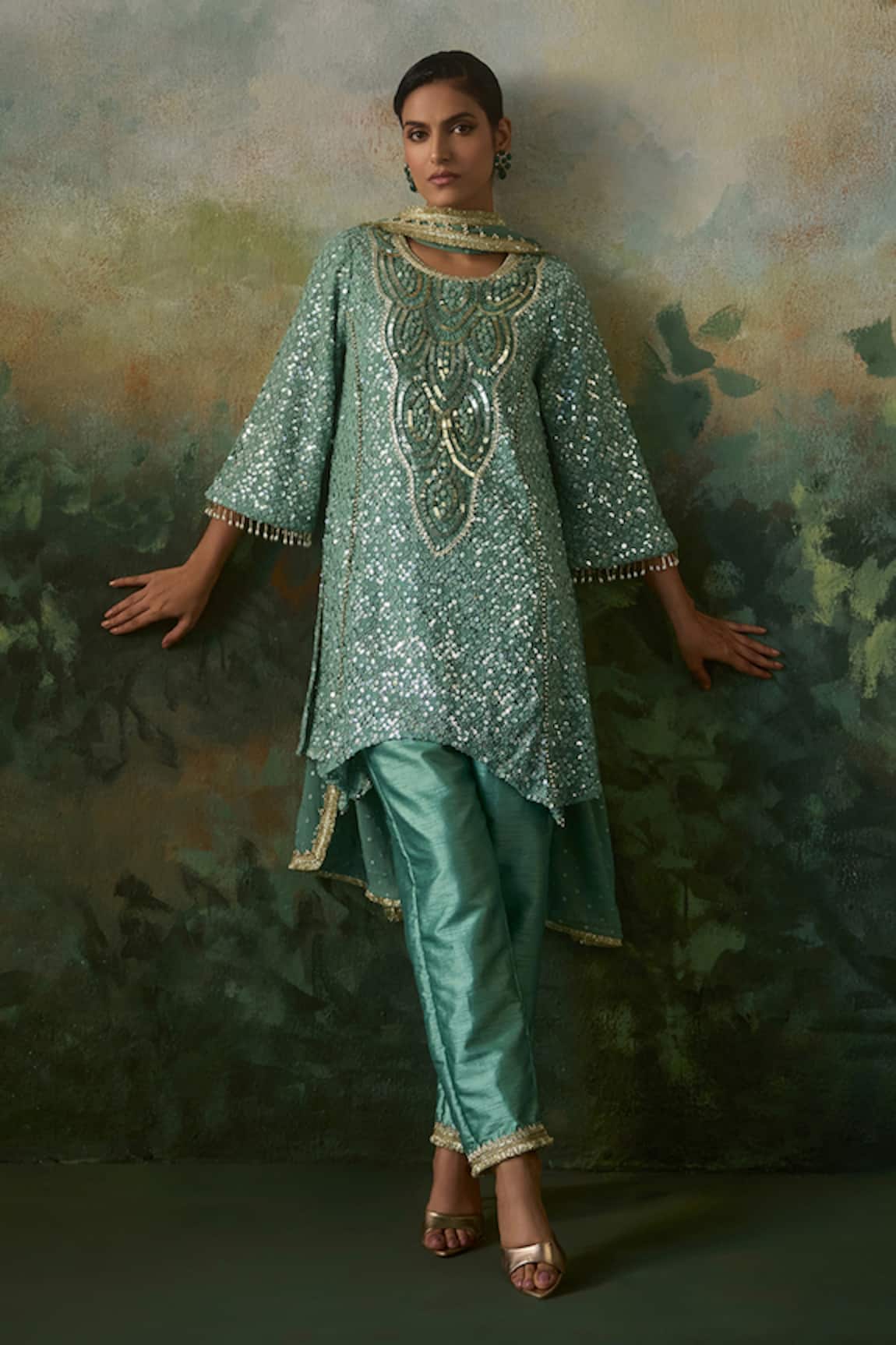 Mustard Moon By Neyha And Vrinda Asymmetric Hem Sequin & Threadwork Kurta Set