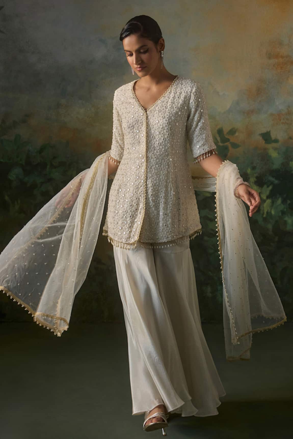 Mustard Moon By Neyha And Vrinda Sequin & Pearl Embroidered Kurta Sharara Set