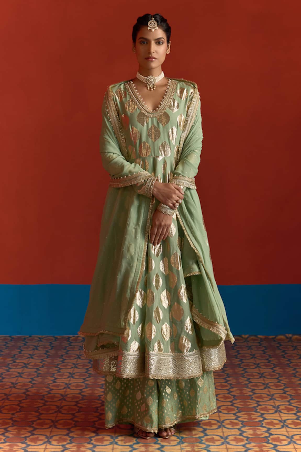 Mustard Moon By Neyha And Vrinda Banarasi Chanderi Panelled Anarkali Palazzo Set