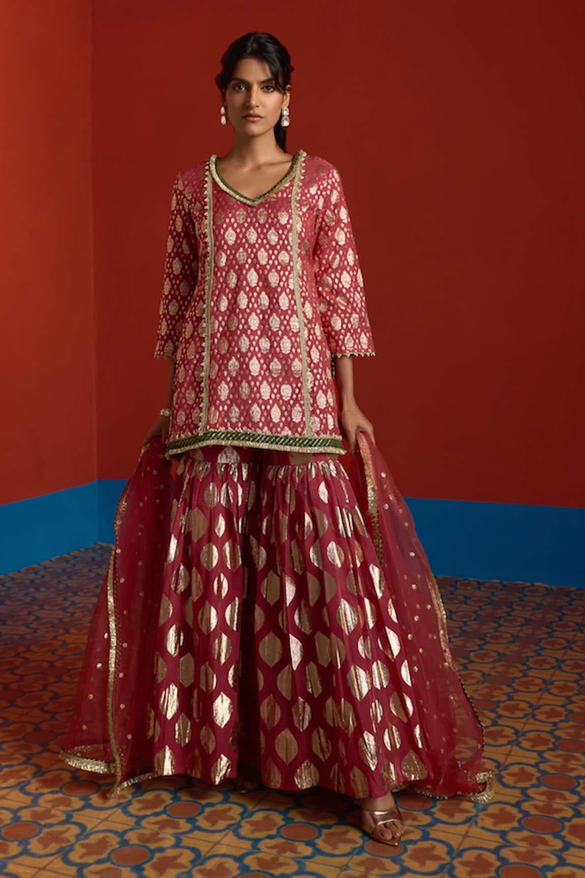 Mustard Moon By Neyha And Vrinda Banarasi Chanderi Kurta Sharara Set