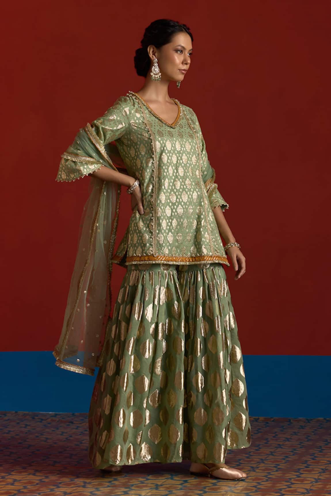 Mustard Moon By Neyha And Vrinda Banarasi Chanderi Kurta Sharara Set