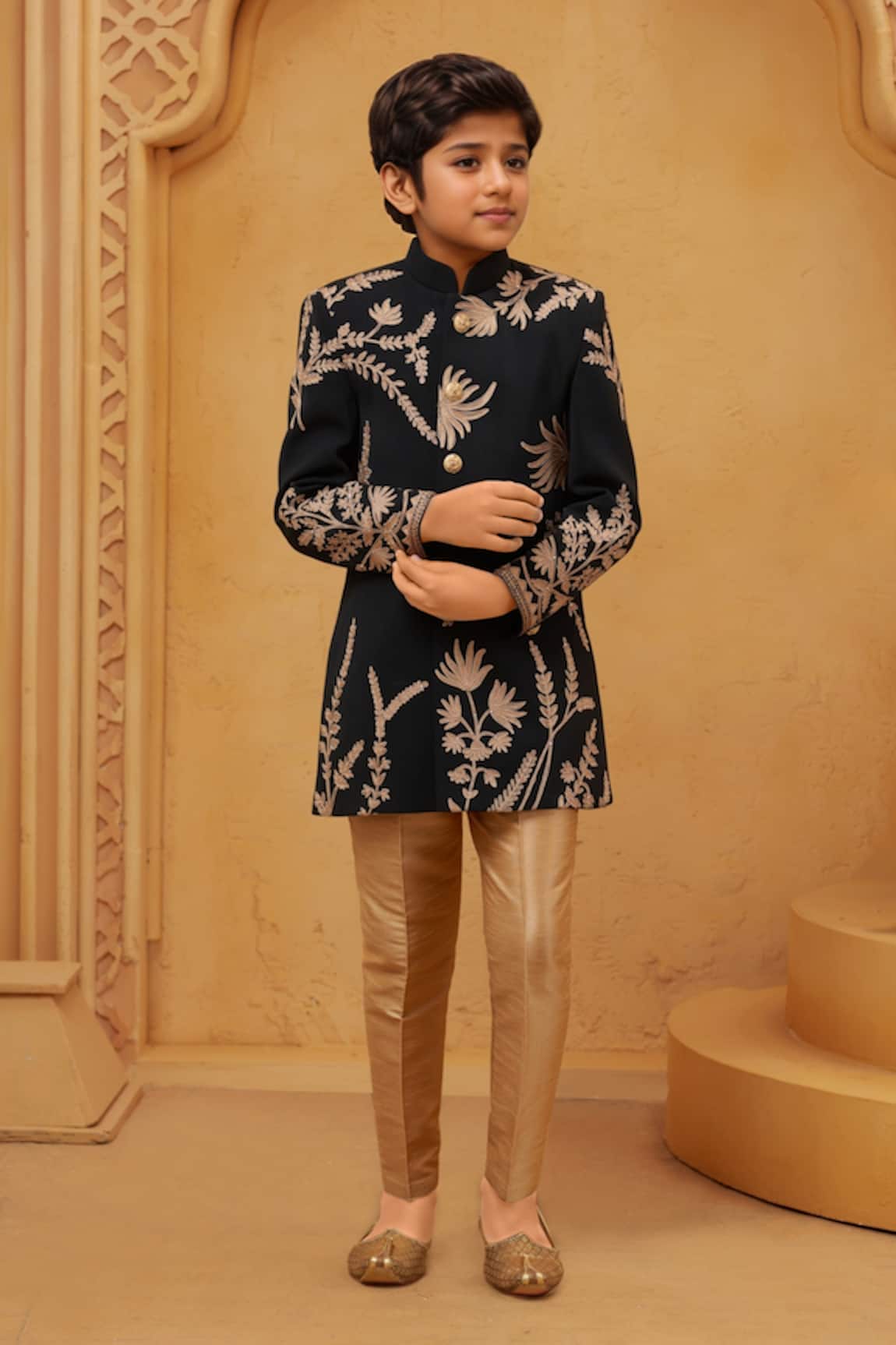 Petite Pomme Black Velvet Floral Sherwani & Gold Pant
