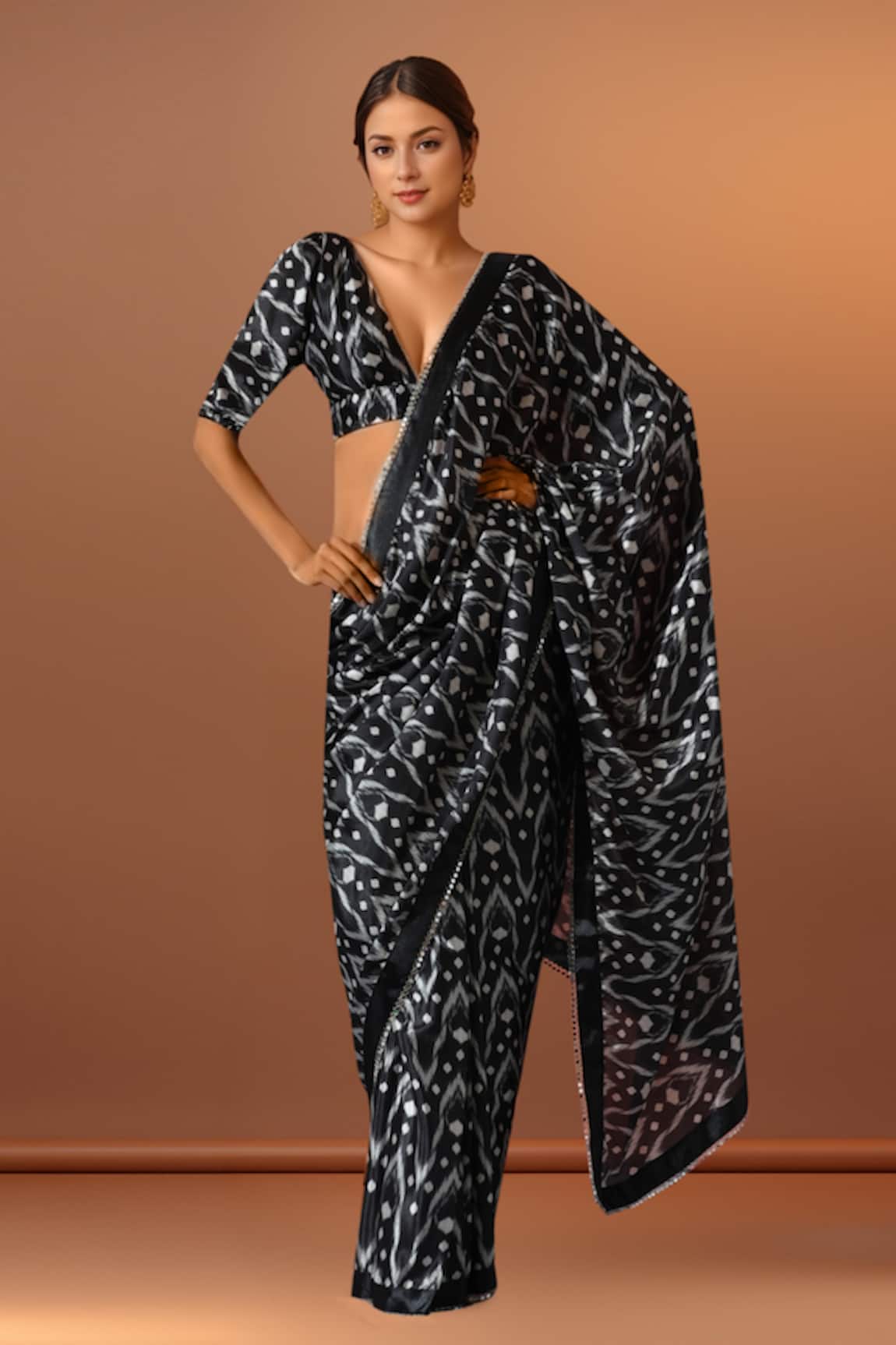 Naintara Bajaj Black Printed Pre-Draped Saree Set