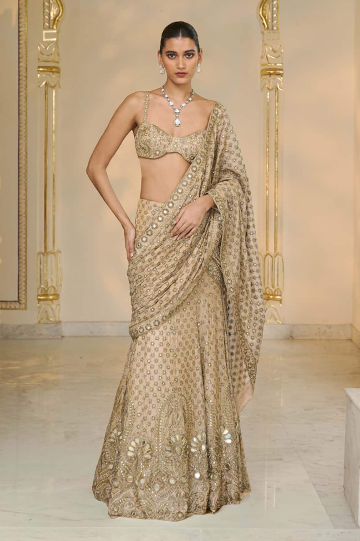 Arpita Mehta Hand Embroidered Tissue Lehenga Sari Set