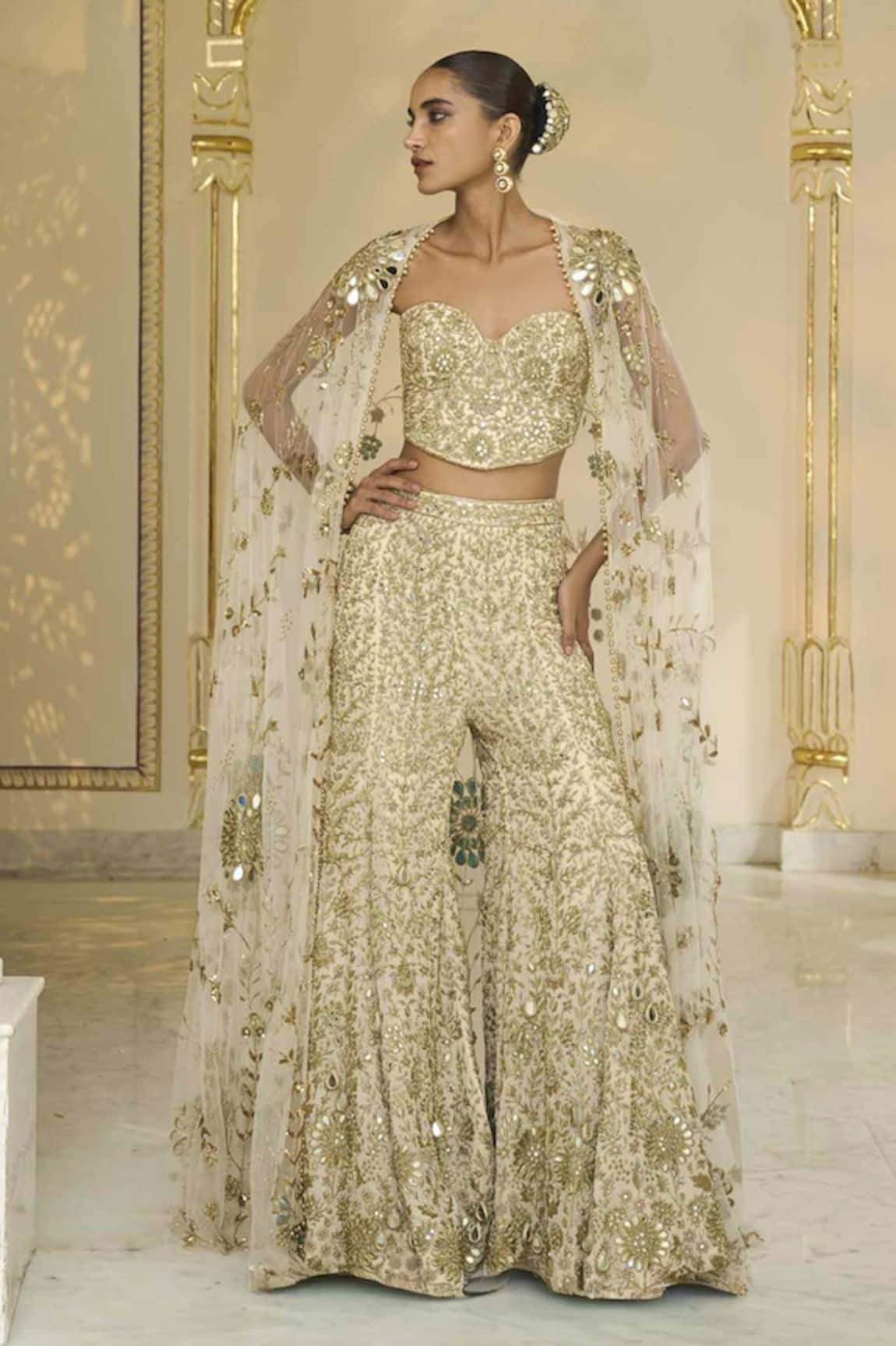 Arpita Mehta Hand Embroidered Corset, Cape & Sharara Set