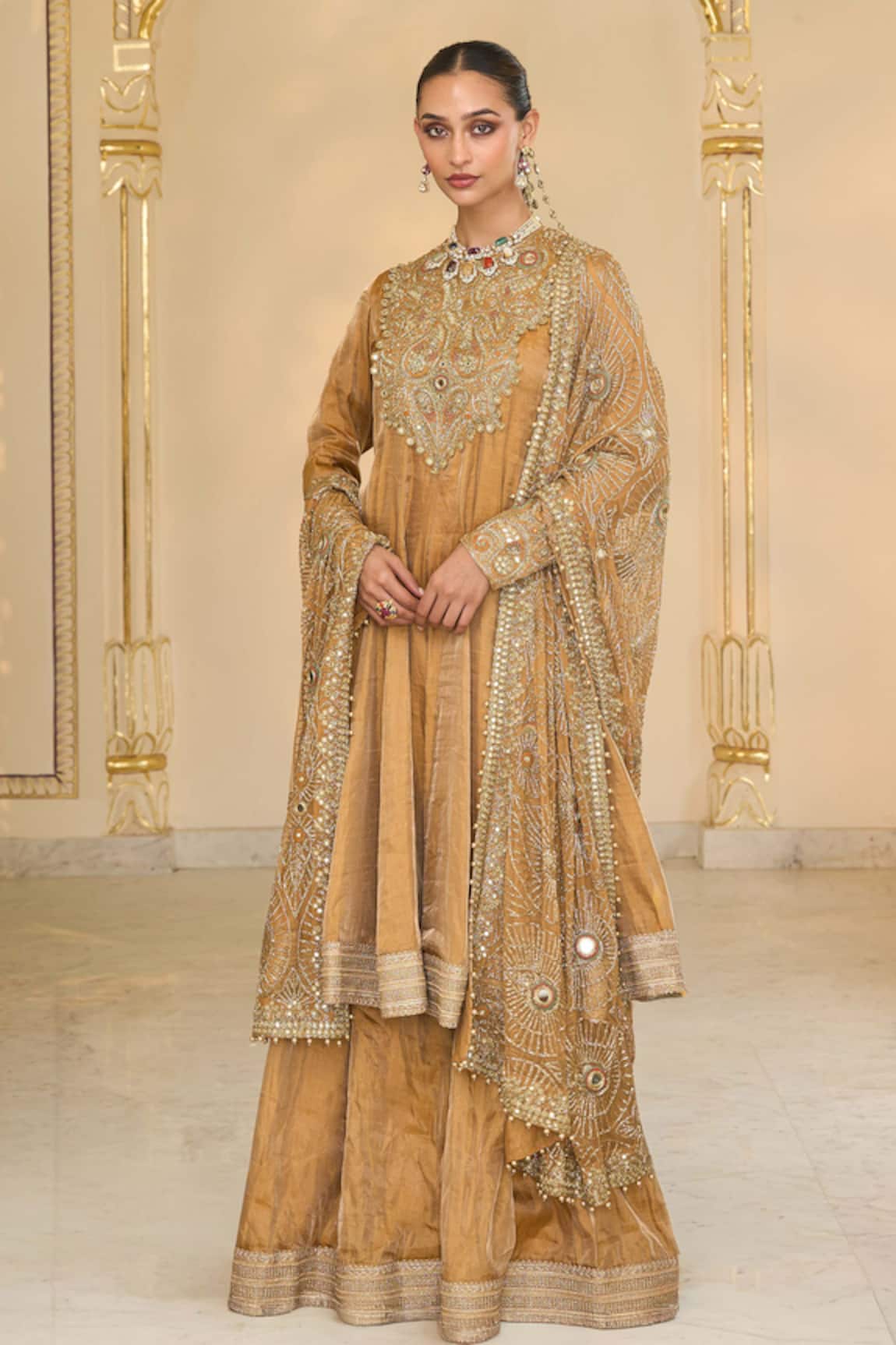 Arpita Mehta Hand Embroidered Anarkali Sharara & Jaal Dupatta Set