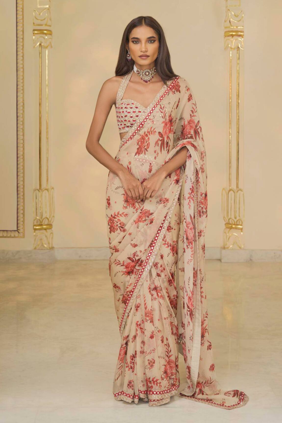 Arpita Mehta Bloom Print Organza Sari Set With Hand Embroidery 