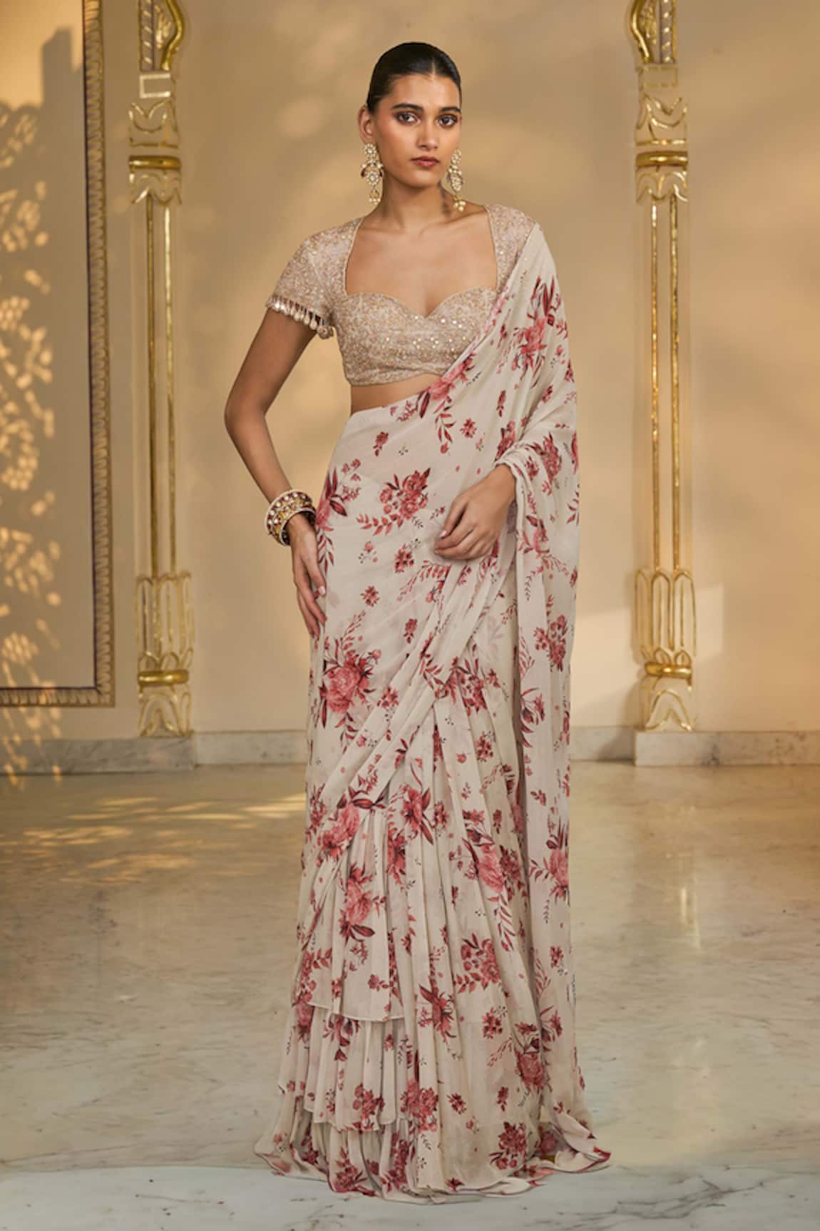 Arpita Mehta Bloom Print Ruffle Sari & Hand Embroidered Blouse 