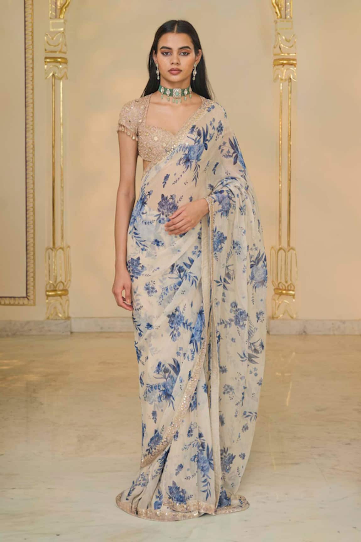 Arpita Mehta Bloom Print & Rose Gold Embroidered Sari Set 