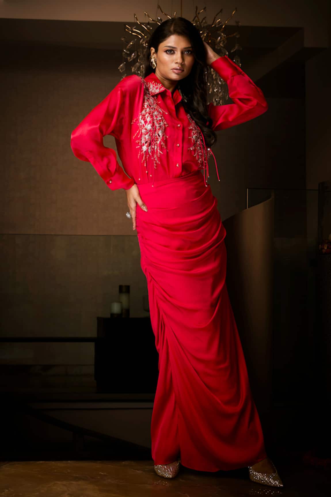 Babita Malkani Embroidered Organza Shirt & Cowl Skirt Set 