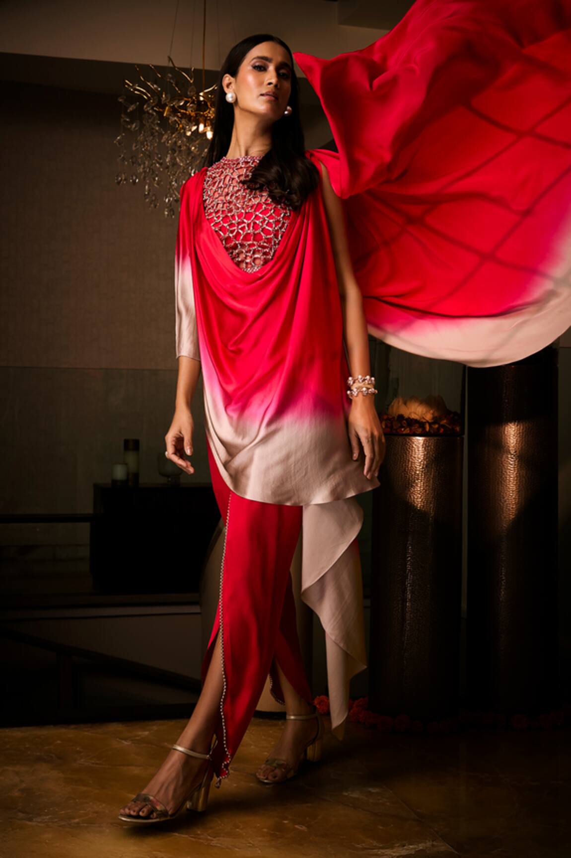 Babita Malkani Ombre Cowl Draped Tunic & Tulip Pant Set 