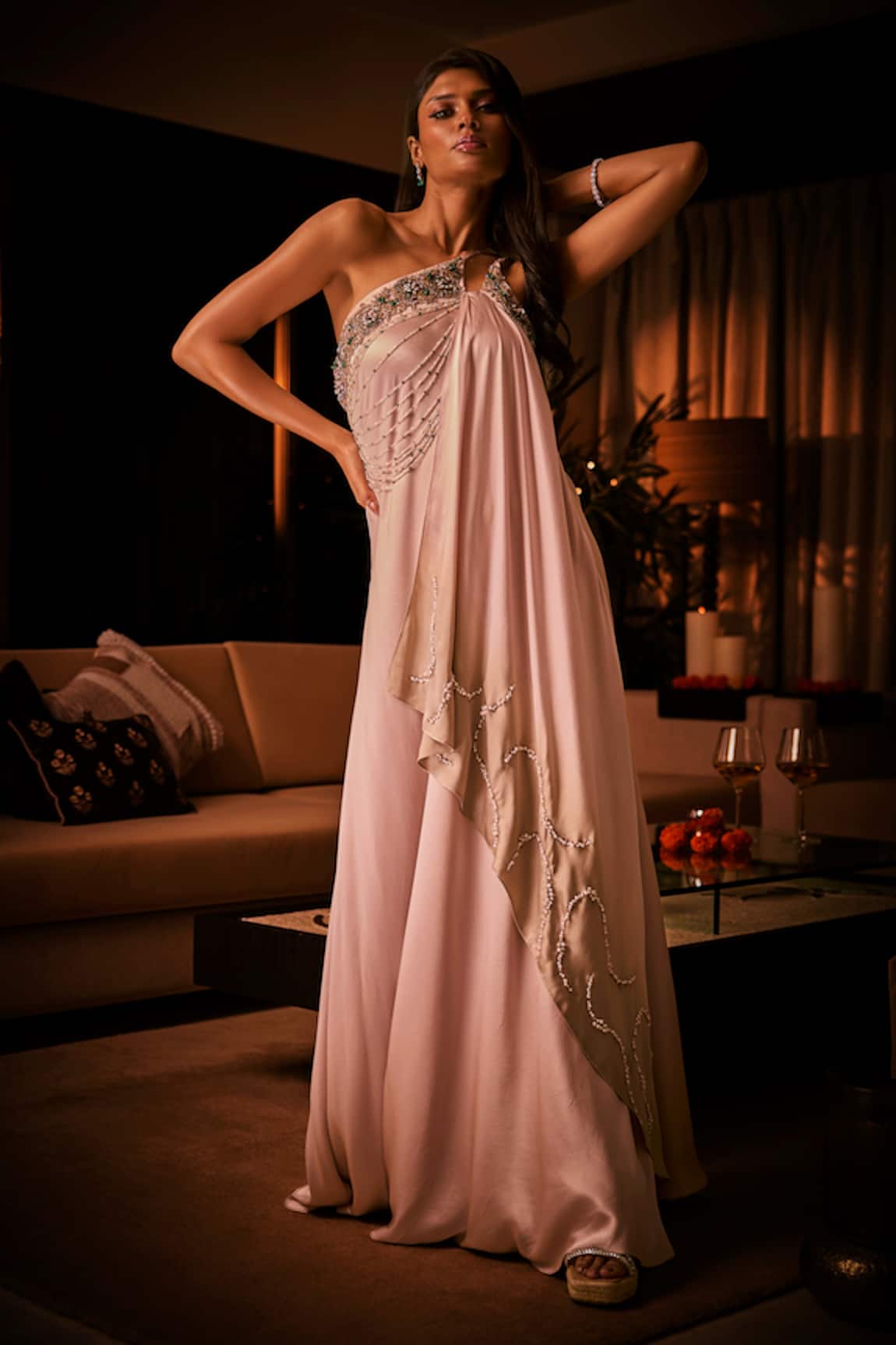 Babita Malkani Ombr Bead & Pearl Embroidered Gown 