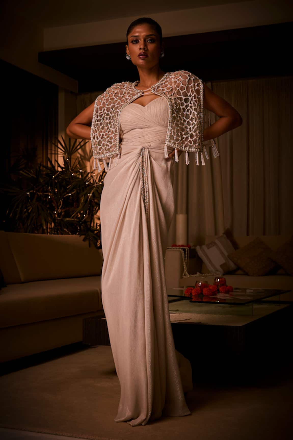 Babita Malkani Draped Dress & Geometric Embellished Cape 