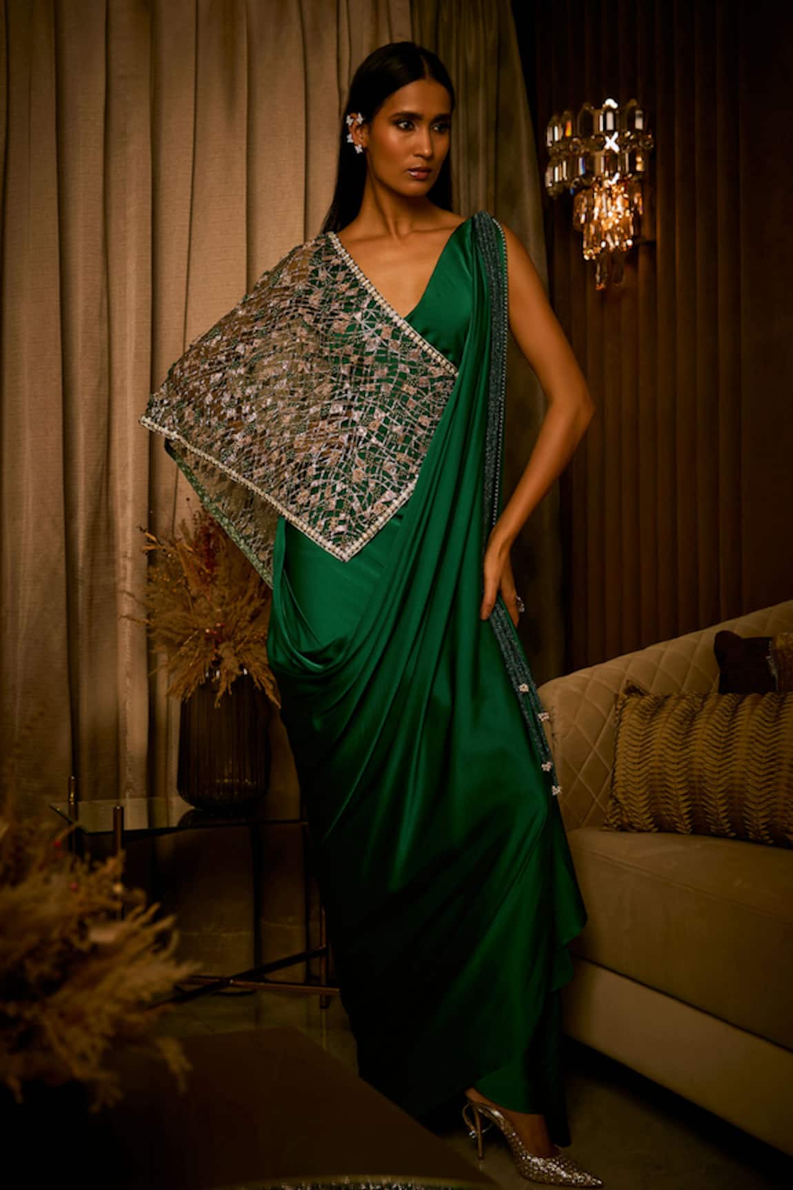 Babita Malkani Draped Saree Gown With Embroidered Tulle Cape 