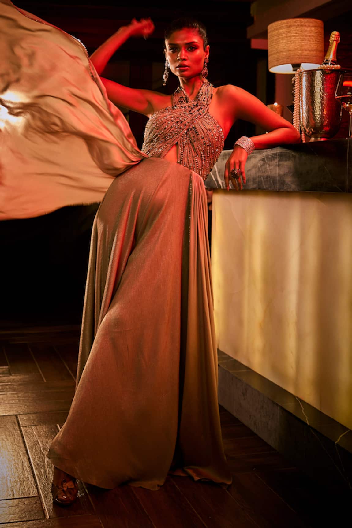 Babita Malkani Bead & Sequin Embellished Halter Jumpsuit 