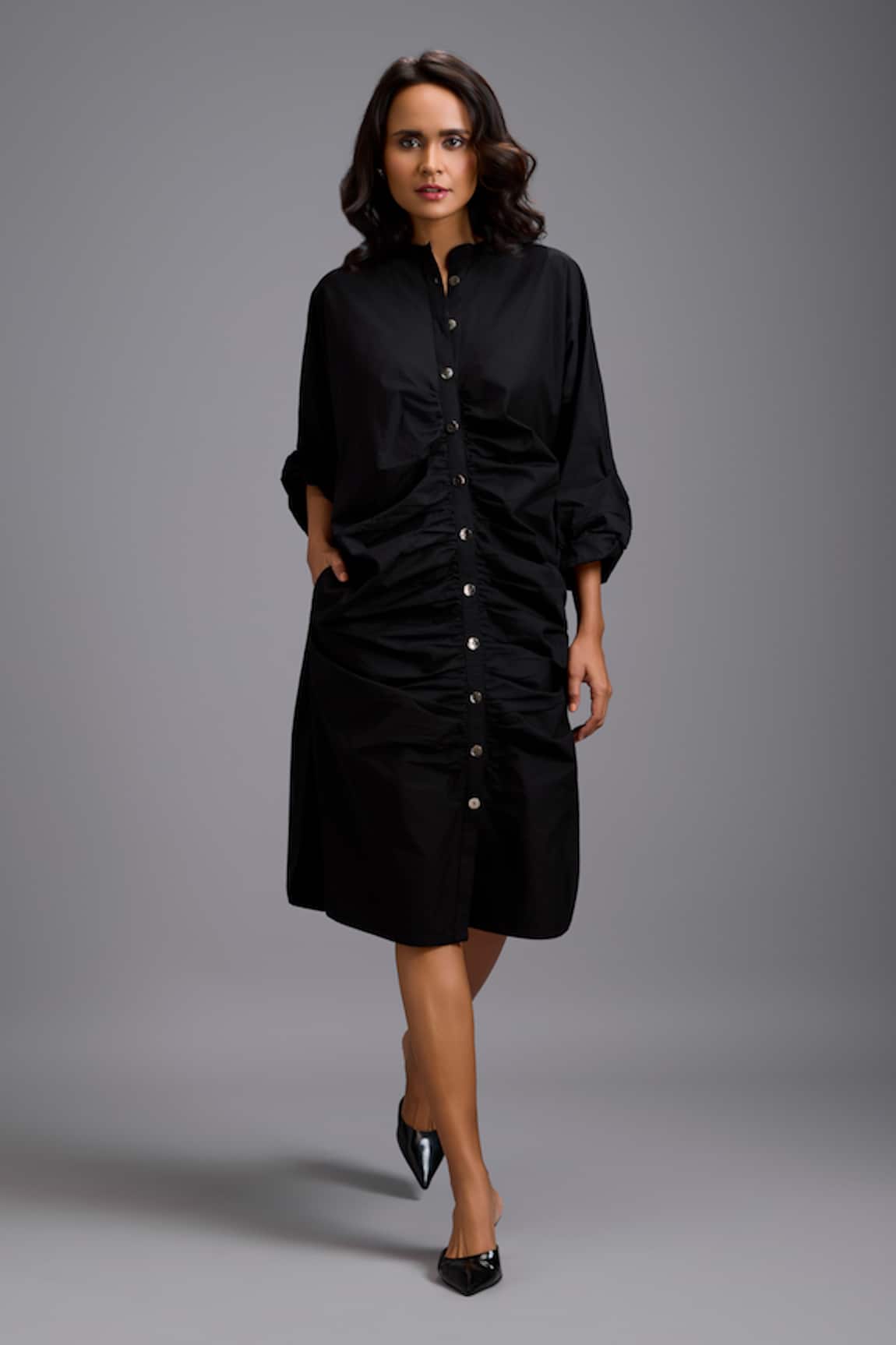 Deepika Arora Button-Down Ruched Shirt Dress