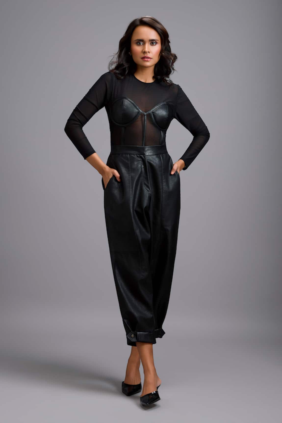Deepika Arora Sheer Bodysuit & Cuffed Leather Pant Set