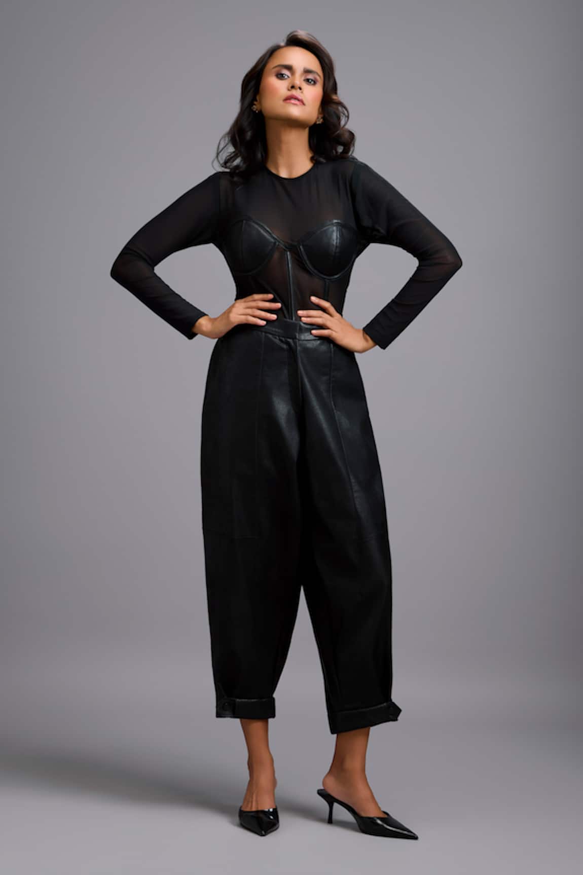 Deepika Arora Sheer Net & Leather Bustier Bodysuit