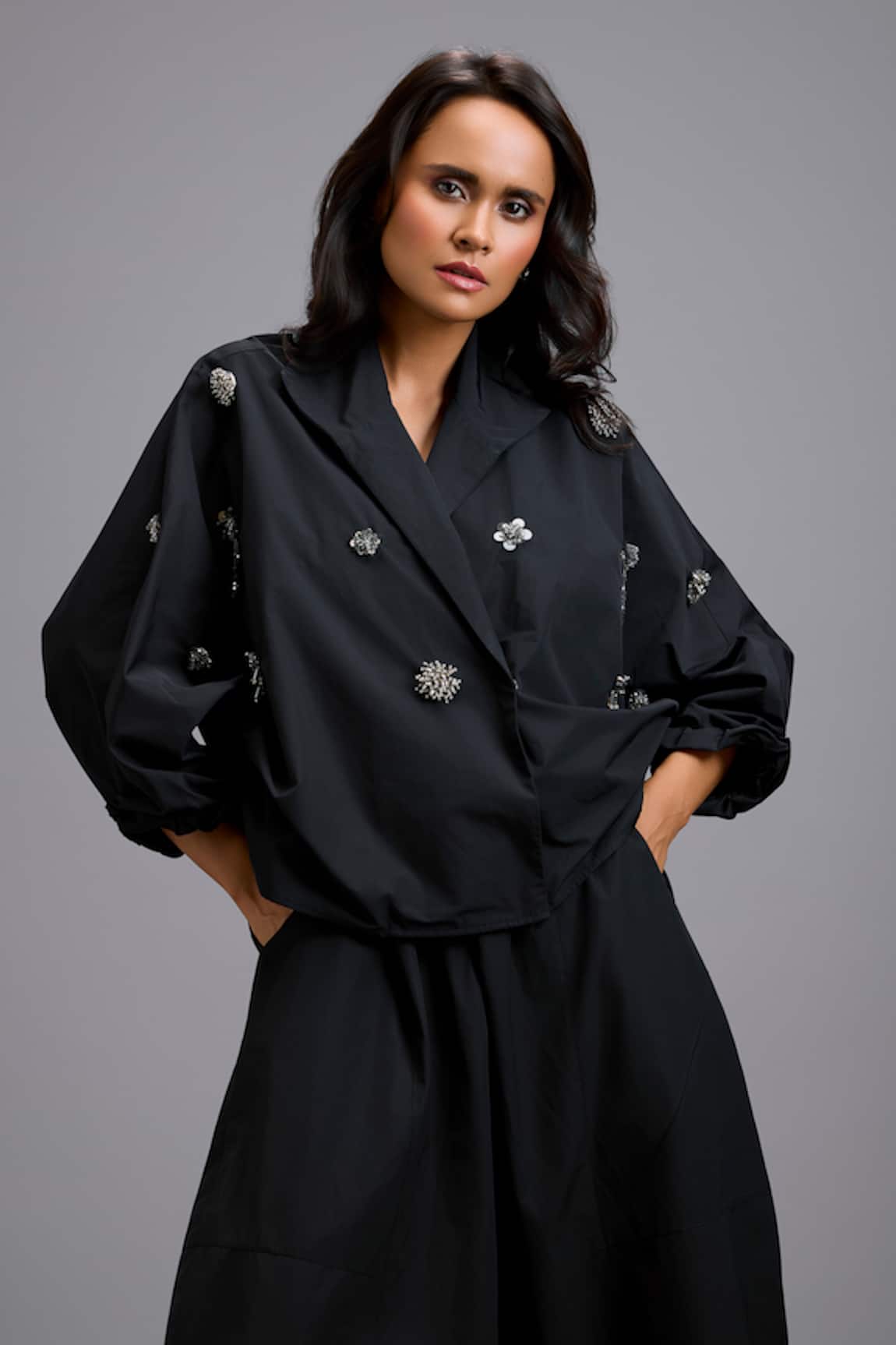 Deepika Arora Embellished Sleeve Boxy Cropped Blazer